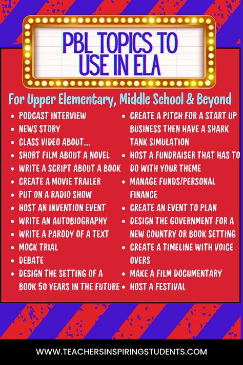 If you're wondering how to incorporate PBL into your ELA curriculum, this list will be sure to get you started.  Perfect for upper elementary, middle school and even high school. Pbl Ela Middle School, Ela Projects, Project Based Learning High School, Project Based Learning Middle School, Project Based Learning Elementary, Ideal Classroom, Middle School Projects, Pbl Projects, High School Project