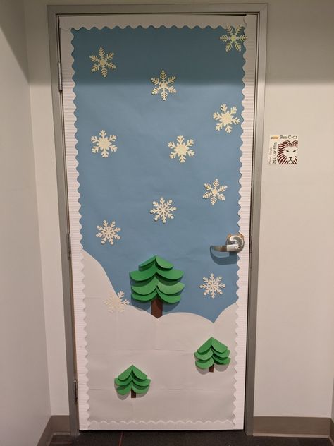 Let It Snow Classroom Door Decoration, Let It Snow Classroom Door, Snow Classroom Door Ideas, Snowflake Door Decor, Let It Snow Door Decoration, Ski Lodge Classroom Door, Let It Snow Door Decorations For School, Winter Class Door Ideas, Winter Themed Door Decorations Classroom