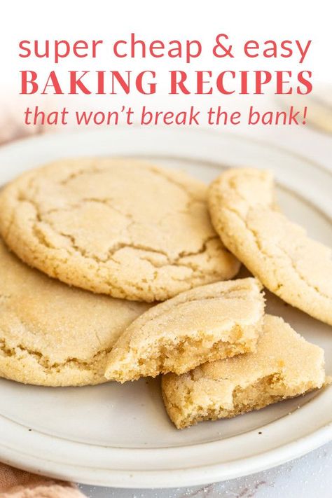 Here are the best cheap & easy baking recipes for baking on a budget! These recipes won’t break the bank and call for ingredients you may already have in your pantry. We’ve got lots of dessert and breakfast recipes, and even a couple savory options too. #cheapbakingrecipes #cheapdesserts #affordablerecipes Cheap Treats For A Crowd, Easy Cheap Baking Recipes, Easy Pantry Dessert Recipes, Cheap Easy Cookie Recipes, Cheap Sweet Recipes, Inexpensive Cookie Recipes, Cheapest Cookies To Make, Best Baked Goods For Gifts, Easy Cheap Cookies Recipes