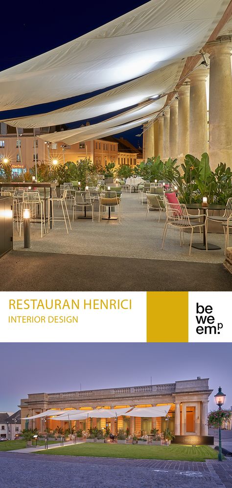 In the former stables of Schloss Esterházy, located in the charming city of Eisenstadt, we've completely redesigned the outdoor area of the popular Restaurant Henrici. The guest garden consists of a three-part seating and lounge concept, extending from the portico under the historic arches into the open-air garden. The materials (brass or terrazzo in grey) underline the restrained, distinguished overall impression. PROJECT_Restaurant Henrici DEPARTMENT_Interior Design LOCATION_Eisenstadt Images Alfresco Restaurant Design, Open Restaurant Seating Ideas, Open Air Lounge Bar, Open Area Restaurant Design, Restaurant Garden Outdoor, Outdoor Restaurant Seating Design, Outdoor Patio Ideas Restaurant, Outside Seating Area Restaurant, Open Garden Restaurant Design