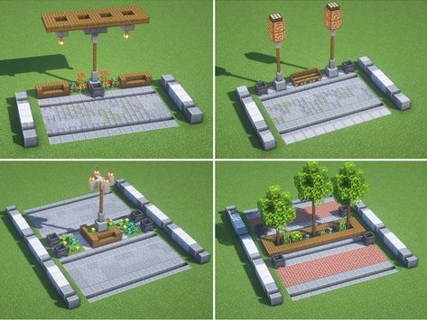 Minecraft City Park Ideas, Minecraft Intersection, Minecraft Bleachers, Minecraft Walking Path, Minecraft Sports Field, Parking Lot Minecraft, Minecraft City Road Ideas, Minecraft Stop Sign, Minecraft Main Street