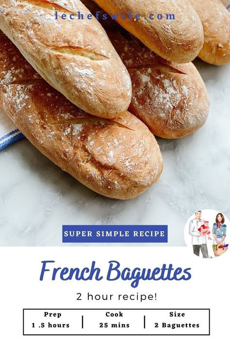 Quick And Easy Baguette Recipe, Fast Baguette Recipe, Same Day Baguette Recipe, French Baquette Ideas, Easy French Baguette Recipe, Small Batch Baguette Recipe, Mini Baguette Recipe, Baggett Recipe, Rustic Baguette Recipe