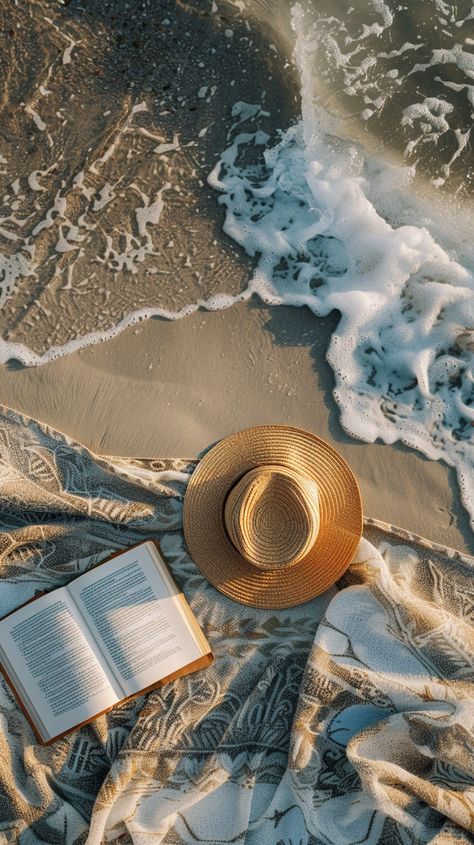 Beach Reading Escape: An open book lies beside a straw hat on a sandy beach washed by gentle waves. #beach #reading #relaxation #waves #sand #aiart #aiphoto #stockcake ⬇️ Download and 📝 Prompt 👉 https://ayr.app/l/DYGJ Beach Waves Pictures, Cozy Beach Aesthetic, Book Beach Aesthetic, Book On Beach, Beach Reading Aesthetic, Reading Photoshoot, Summer Book Aesthetic, Beach Flatlay, Books And Beach