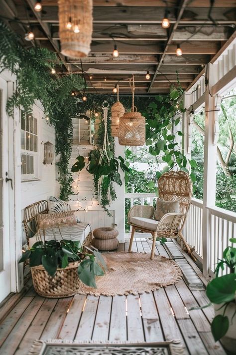 Boho Porch Ideas, Sun Porch Ideas Enclosed, Boho Back Porch, Boho Porch Decor Outdoor, Midterm Rental, Boho Porch Decor, Boho Front Porch, Tulum House, Bohemian Porch