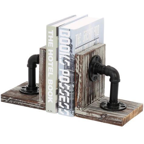 PRICES MAY VARY. Set of 2 L-shaped torched wood bookends with rustic elbow and flange fittings Ideal for any rustic, industrial, or steampunk inspired decor Great for display and organizing books, magazines or DVDs on table top or shelving Perfect for home, office, cafe or book shop to neatly hold literature in place Approximate Dimensions: Each bookend - 5.04 L x 5.04 W x 6.1 H (in inches) With modern functionality and rustic appeal, these L-shaped bookends create the perfect display for any li Torched Wood, Torch Wood, Wood Bookends, Decorative Bookends, Steampunk Decor, Black Pipe, Wood Book, Industrial Pipe, Book Holders