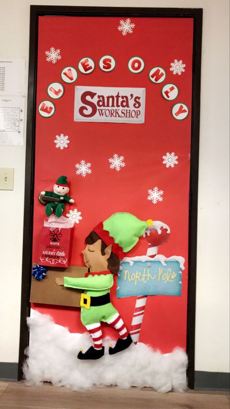 Door decorating contest Santa’s Workshop Door Decorating, Christmas Decor Ideas For Office Door, Elf Workshop Door Decorations, Elves Door Decoration, Santa’s Workshop Classroom Door, Elf Door Decorating Contest, North Pole Classroom Door, 3d Christmas Door Decorating Contest, Santas Workshop Door Decoration