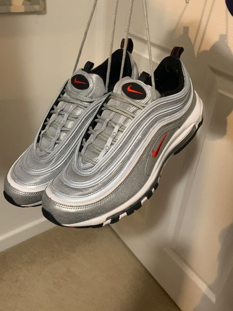 Airmax 97s, Air Max 97 Silver Bullet, Nike 97, Nike Airmax 97, Silver Trainers, Yantai, Nike Air Shoes, Silver Bullet, Shoe Inspo