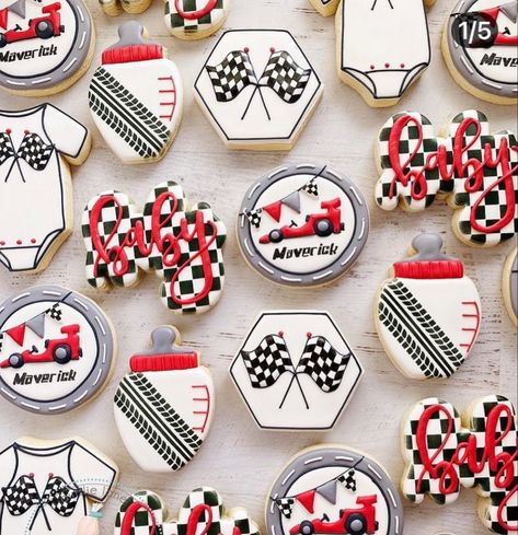 Go Kart Cookies, Race Car Themed Cookies, Race Car 1st Birthday Cookies, Formula 1 Cookies Decorated, Checkered Flag Cookies, Race Car Sugar Cookies, F1 Baby Shower Theme, Race Car Cookies Decorated, Formula 1 First Birthday