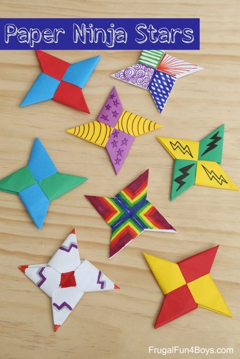 The other week, Owen learned how to fold these paper ninja stars from a friend at church, and he has been making tons of them!  Great project for a rainy day.  All you need is some paper, and you’re ready to go.  We added Sharpies too for decorating the ninja stars with fun designs. We … Kunst For Barn, Paper Ninja Stars, Ninja Stars, Boredom Busters For Kids, Kerajinan Diy, Ninja Star, Folding Origami, Crafts For Boys, How To Fold