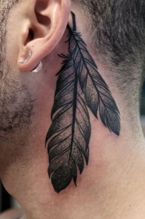 Native American & Indian Tattoos - Meaning & Cool Examples Feather Tattoo Behind Ear, Mandala Neck Tattoo, A Feather Tattoo, Native American Feather Tattoo, Feather Tattoo For Men, Eagle Feather Tattoos, Tattoo Behind The Ear, Hals Tattoo Mann, Adler Tattoo