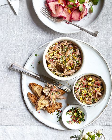 Potted duck with pistachio | delicious. magazine Fancy Starters Dinners, Winter Starters Recipes, Easy Starters Recipes Dinner Party, Easy Christmas Starters, Christmas Starters Make Ahead, Christmas Dinner Starters Ideas, Simple Starters For Dinner Party, Christmas Day Starters, Entrees Recipes Starters