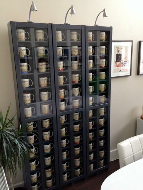 Coffee Cup Cabinet Display, Coffee Cup Collection Display, Starbucks Mugs Collection Display, How To Display Starbucks Mugs, Starbucks Display Ideas, Coffee Mug Collection Display, Starbucks Been There Mugs Display, Starbucks Mugs Display, Starbucks Mugs Collection