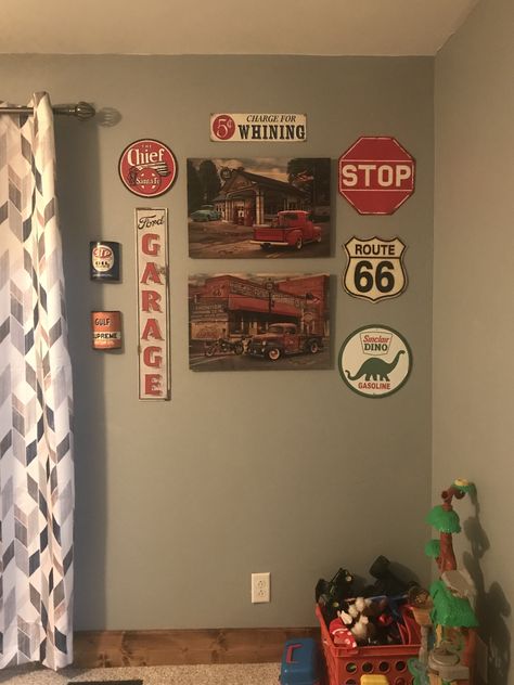 Old Car Room Decor, Automotive Home Decor, Old Car Nursery Theme, Cars Themed Room Boys, Vintage Car Room For Boys, Boys Car Room Ideas, Classic Car Bedroom, Car Nursery Ideas Boy, Mechanic Nursery Theme