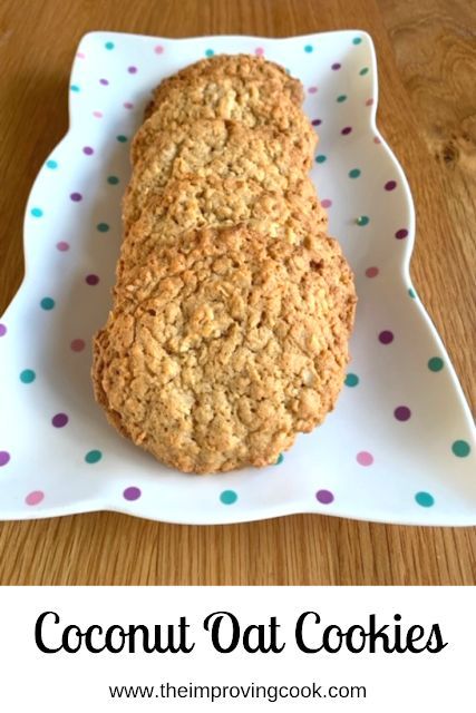 Coconut Oat Cookies- crisp edges and soft chewy centres. These cookies are made with oats and dessicated coconut. Very simple to make. Perfect with a cup of tea. #cookies #biscuits #coconut #cookierecipes #biscuitrecipes Dessicated Coconut Recipe Baking, Recipes With Dessicated Coconut, Dessicated Coconut Recipe, Coconut Biscuits Recipes, Oat Coconut Cookies, Oats Biscuits, Dessicated Coconut, Soft Chewy Cookies, Oat Cookie Recipe