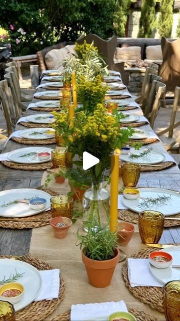 Jenny Evans on Instagram: "Last night was magical and so much fun as we gathered so many friends for another Italy reunion dinner! It was so wonderful to see one another again and enjoy a meal together like we did for our week in Italy. We feasted on delicious Italian dishes… some we learned at the fabulous @toscana_saporita cooking school we attended in Tuscany. Amazing food and friends… no better combination! The only thing we missed other than those that couldn’t attend was the fabulous @sandrarosylotti alessiojmdaprato and @keith_dilauro !  For the tablescape.. I bought fresh herbs often used when making Italian dishes… placed them in terra cotta pots and set them along the table. A burlap runner… @lucidcandle gold candlesticks… small vintage terra cotta vessels that I put tea lights i Italian Feast Table, Tuscany Table Setting, Italian Table Decor, Italian Table Decorations, Italian Table Setting, Italian Tablescape, Italian Dinner Table, Marionberry Pie, Tuscan Dinner