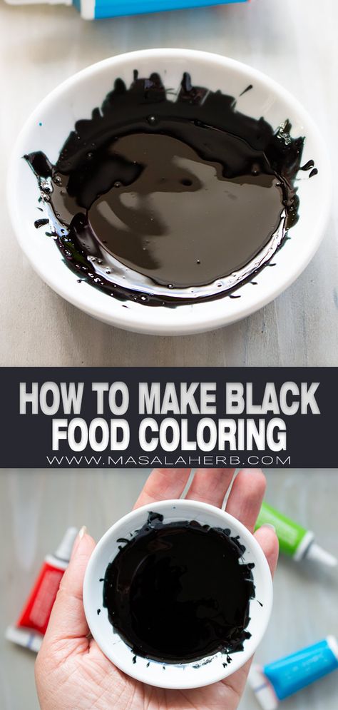 Mix up these colors to make your own black food dye from scratch! It takes less than 5 minutes. How To Mix Food Coloring To Make Different Colors, Making Black Frosting, Black Food For Halloween, How To Make Black Food Coloring Diy, How To Make Black Chocolate, Food Dye Color Chart, Black Color Desserts, How To Make Black Playdough, Black Fondant Recipe