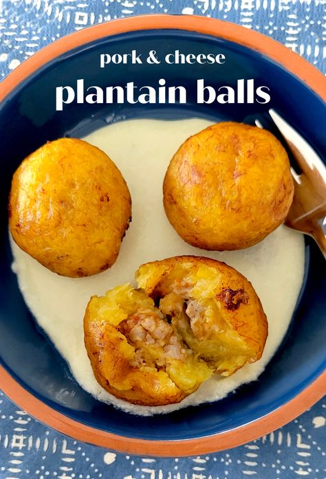 stuffed plantain balls (rellenitos de plátano maduro) - The Culinary Chase Plantain Recipes Sweet, Plantain Balls, Stuffed Beef, Plantain Recipes, Beef And Pork, Trini Food, Puerto Rico Food, Ripe Plantain, Cuban Cuisine