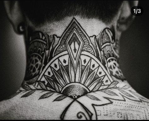 Geo Neck Tattoo, Back Of Neck Mandala Tattoo, Mens Back Neck Tattoo, Back Of Neck Tattoo Men Design, Men’s Mandala Tattoo, Sacred Geometry Neck Tattoo, Mandala Tattoo Back Of Neck, Dot Work Neck Tattoo, Sacred Geometry Tattoo Men