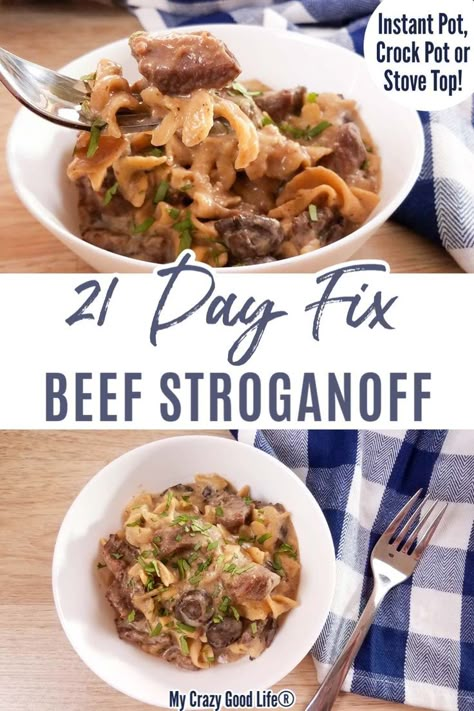 This 21 Day Fix Beef Stroganoff recipe has a healthy twist, but is filled with fresh garlic, Italian seasonings, and loaded with mushrooms. This recipe is a soon to be family favorite that can be cooked on the stovetop, Instant Pot, or crockpot. Portion Fix counts: 1 red container, 1 yellow container, and one green container :) #21dayfix #beachbody #portionfix 21 Day Fix Beef Stew, Meal Prep 21 Day Fix Recipes, Portion Fix Dinner Ideas, 21 Day Fix Recipes Snacks, 21 Day Fix Ground Beef Recipes, 21 Day Fix Crockpot Recipes, 21 Day Fix Instant Pot Recipes, Stroganoff Recipe Instant Pot, Ultimate Portion Fix Recipes