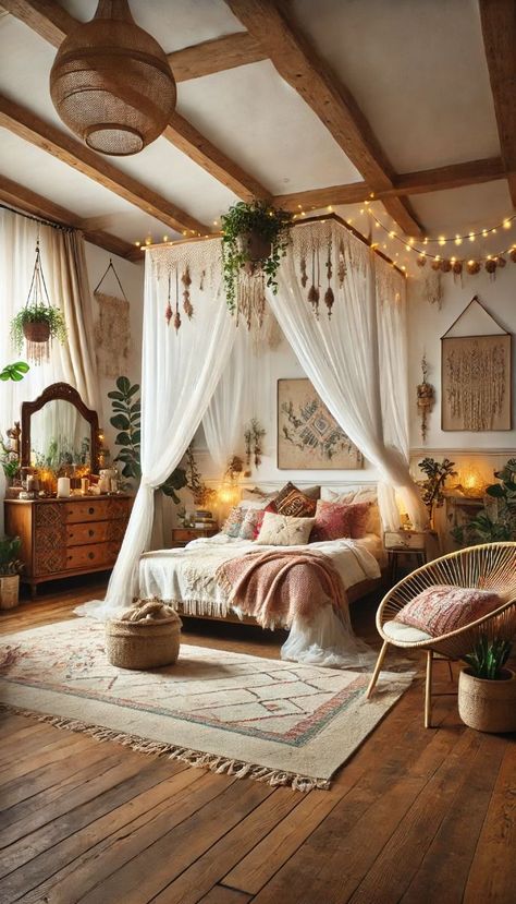 Get inspired to create your dream boho bedroom with these 21 decor ideas. A mix of earthy and chic styles! --- A chic boho bedroom featuring a canopy bed with sheer white drapes, surrounded by a mix of colorful throw pillows and blankets. The room includes a vintage wooden dresser with a large mirror, decorated with fairy lights and potted plants. Th... #Outdoor #DecorTips #Your #an #HomeIdeas #Embracing #Apartment #Charm #Kitchens #Eclectic #Eclectic #InteriorInspo #Transforming #Oasis #into Bed Netting Canopy Boho, Boho And Vintage Bedroom, Victorian Boho Bedroom, Earthy Bedding Sets, Cosy Boho Bedroom, Boho Daybed Room Ideas, Boho Reading Nook, Bedroom Vintage Decor, Macrame Bedroom Decor