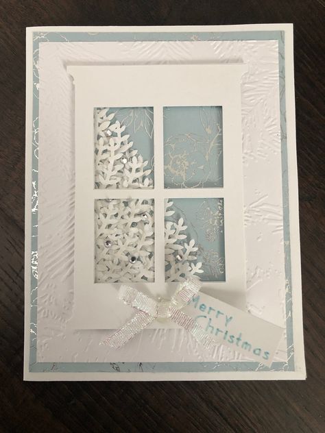 "This is a Beautiful Christmas Card, made with embossed paper and Ice Blue foil paper. A Christmas tree set inside a window, with bow and Merry Christmas greeting. Inside greeting, All is Calm All is Bright, in silver. The ice blue paper collection is beautiful and calming. Slight variations from card to card as all are handmade. This listing is for 6 cards. Each card comes with a white, standard size A2 envelope (4 3/8\" x 5 3/4\"). Each card is shipped in a plastic sleeve inside a rigid mailer Blue Christmas Cards, All Is Bright, Christmas Tree Card, Vellum Cards, All Is Calm, Stamped Christmas Cards, Simple Christmas Cards, Christmas Tree Set, Beautiful Christmas Cards