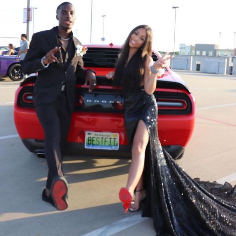 Prom Dress Couple Outfit, Black And Red Prom Couple, Prom Pictures With Car, All Black Prom Couple, Red And Black Prom Couples, Black Prom Couples, Black Prom Couples Outfit, Black Couple Prom, Prom Black Couples