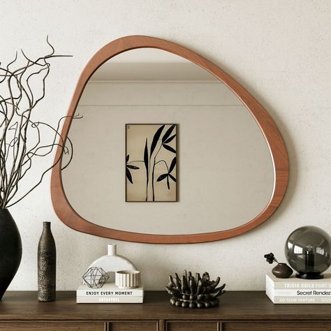 Introducing the Transitional Decor Style Pine Wood Wall Mirror, a stunning and asymmetrical wood mirror designed to elevate your home. Crafted with a solid pine wood frame, this mirror exudes timeless elegance and adds a touch of natural beauty to any space. At 45 inches in size, this generously proportioned mirror provides ample space for grooming and getting ready. Whether placed above a dresser or any furniture piece, it adds both functionality and style to your space, becoming a focal point Mid Century Modern Living Room Mirror, Asymmetrical Wall Mirror, Wooden Framed Mirror, Mirror Mid Century, Pine Wood Walls, Mid Century Modern Mirror, Asymmetrical Wall, Mirror For Living Room, Mirror Dressing