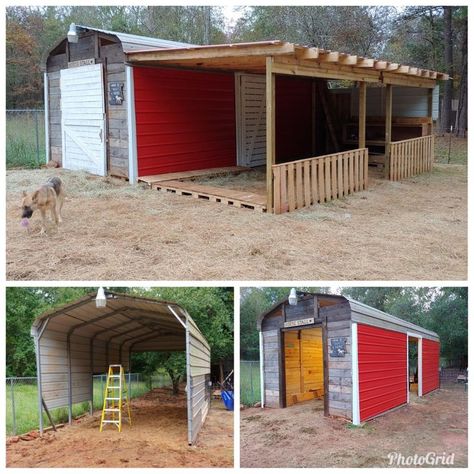 Budget Barn built from carport | Backyard farming, Livestock barn, Shed plans Cow Shelter Ideas Cheap, Backyard Sheep, Goat Pens, Egg Farm, Portable Carport, Livestock Barn, Goat Shelter, Hay Storage, Goat House