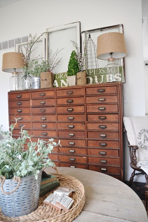 We’Re Moving Back To North Carolina! Rustic Spring Decor, Card Catalog Cabinet, Mantel Styling, Spring Mantel, Card Catalog, Spring Cards, Decorating Inspiration, Interior Design Projects, Wall Colors