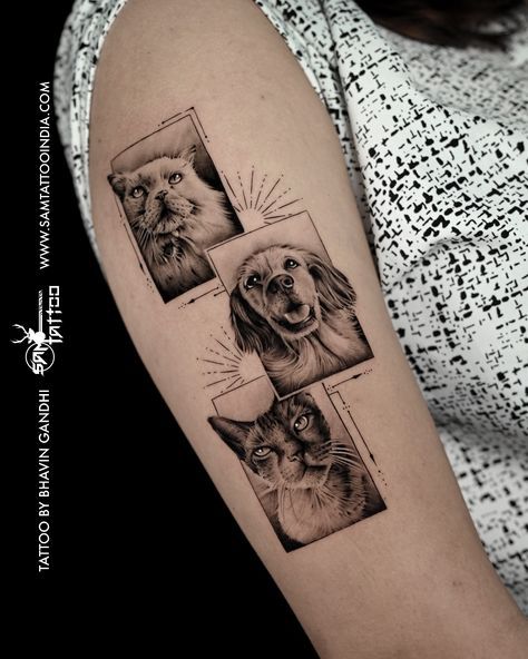 Pet Portrait Tattoo, Pet Portrait Tattoos, Golden Retriever Tattoo, Pet Tattoo Ideas, Cat Portrait Tattoos, Micro Realism, Pet Memorial Tattoo, Dog Portrait Tattoo, Pet Tattoos