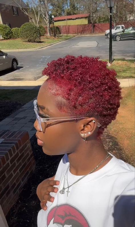 Short 4c Hairstyles Big Chop Dyed, Low Haircut For Black Women With Color, Big Chop Red Hair Black Women, Short Curly Red Hair Black Women, Colored Big Chop, Low Cut Curly Hair Black Women, Short 4c Hair Dyed, Big Chop With Color, Short Natural Hair Color For Black Women