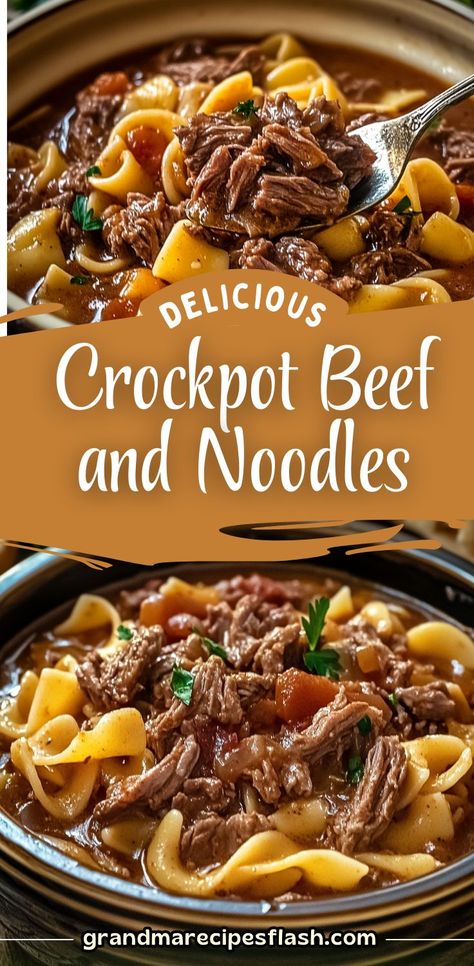 Indulge in the ultimate comfort food with this Crockpot Beef and Noodles recipe! Tender, shredded chuck roast, rich broth, and perfectly cooked egg noodles combine for a hearty dish that's easy to make. Perfect for cozy dinners or meal prepping Pot Roast With Egg Noodles, The Best Crockpot Meal, Beef Noodle Crockpot Recipes, Crockpot Roast And Noodles, Crock Pot Meal For 2, Chuck Roast In Crockpot Recipe, Crockpot Beef Tips And Noodles Recipe, Beef Tips Over Noodles Crockpot, Chuck Roast Beef And Noodles