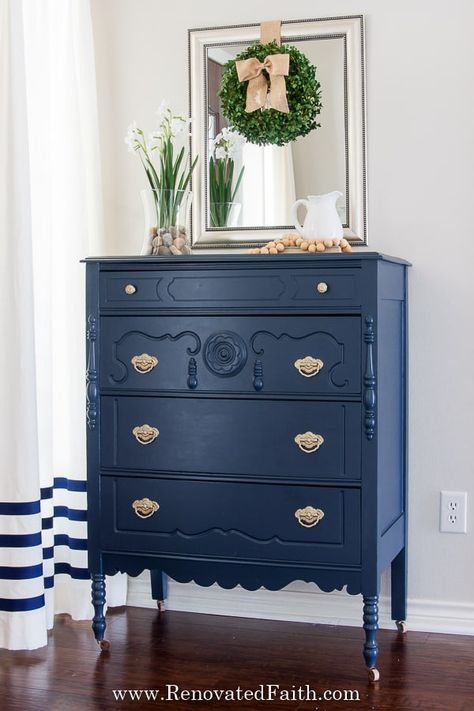 Mixing Painted Furniture In A Room, Wallpaper Beadboard, Navy Painted Furniture, Painted Vintage Dresser, Benjamin Moore Hale Navy, Navy Paint Colors, Navy Furniture, Painted Bedroom, Blue Painted Furniture