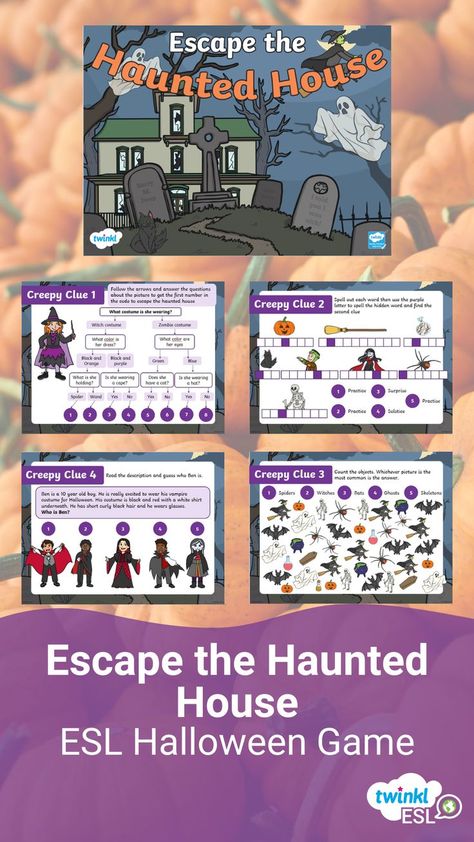 Halloween escape room game for ESL students Halloween Esl Games, Free Halloween Escape Room For Kids, Esl Halloween Activities, Halloween Esl Activities, Halloween Esl, English Puzzles, Halloween Escape Room, Halloween Teaching, Teaching Games