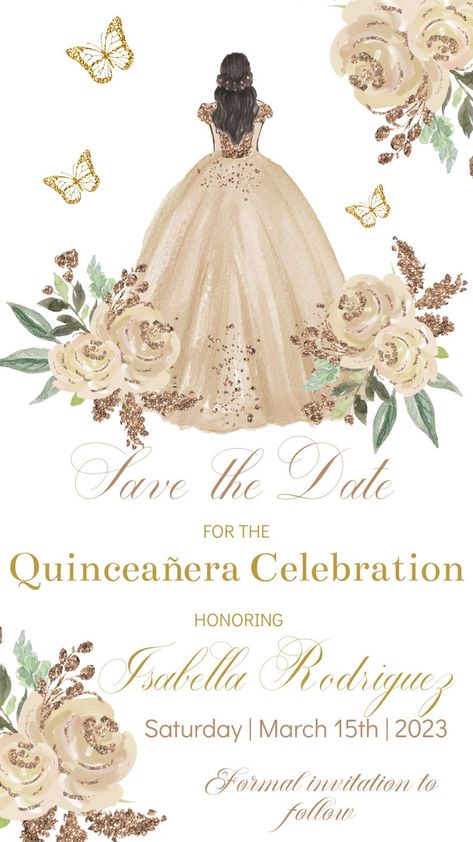 Save The Date Templates Quinceañera, Quince Invitations Digital, Save The Date Quinceanera Ideas Digital, Quince Invitations Online, Champagne Quince Invitations, Quinceañera Save The Date, Digital Quinceanera Invitations, Quinceañera Invitaciones Ideas, Quince Save The Date Ideas