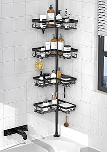 KEGII Corner Shower Caddy Tension Pole - Shower Tension Rod Organizer, Floor to Ceiling Shower Caddy 25-114.2 inch, Towel Rack Corner Waterproof, Black Bathroom Caddy Ideas, Shower Storage Solutions, Bathroom Corner Storage, Shower Corner Shelf, Shower Tower, Bathroom Shower Organization, Black Bathroom Decor, Corner Shower Caddy, Shower Rack