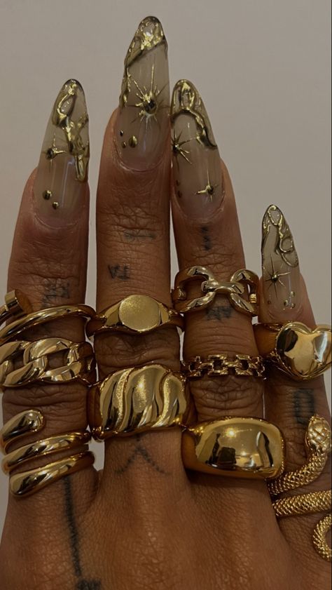 Maxamilist Jewelry Gold, Gold Hand Jewelry Aesthetic, Gold Streetwear Jewelry, Maximalist Jewelry Gold, Maximalist Gold Jewelry Aesthetic, Pretty Teeth, Ethereal Jewelry, Waste Of Time, Basic Nails