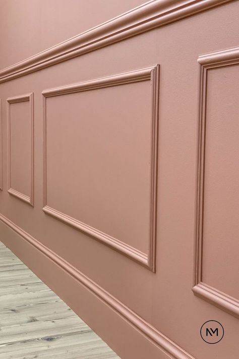 Pink And Gold Interior Design, Dark Pink Panelling, Pink Wall Panelling, Noel Marquet, Pink Wainscoting, Pink Panelling, Tv Wall Panel, Chair Rails, Makeup Studio Decor