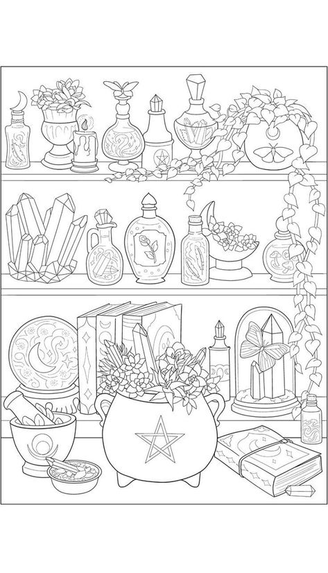 Witchy Shelf Drawing, Witchy Coloring Pages Simple, Witchy Colouring Pages, Witchcraft Coloring Pages Free Printable, Free Witchy Coloring Pages, Fairycore Coloring Pages, Coloring Book Art Aesthetic, Witch Colouring Pages, Cottage Core Coloring Pages