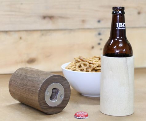 Wooden Beer Koozie w/ Built-in Bottle Opener Beer Koozie, Square Tool, Bottle Koozies, Beer Koozies, Wood Turner, Detailed Plans, Drill Press, Woodworking Ideas, Wooden Gifts