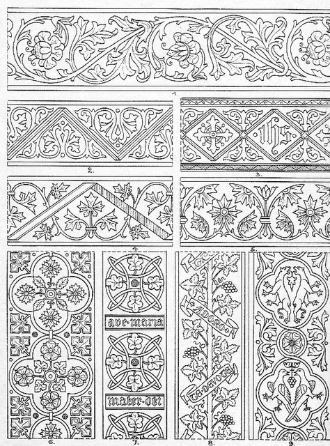 Patterns for embroidery in 200 Vorlagen für Paramentenstickereien, Joseph Braun, 1916. Patterns For Embroidery, Medieval Pattern, Medieval Embroidery, Baroque Frame, Ornament Drawing, Motif Art Deco, Design Guide, Medieval Art, Illuminated Manuscript