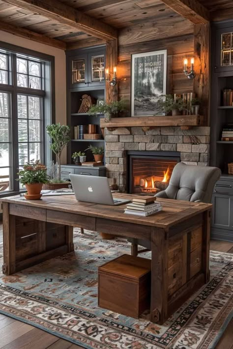 Chic Office Decor, Rustic Home Offices, Rustic Office, Casa Country, Cozy Home Office, Office Library, Home Office Setup, Dream House Interior, Home Office Ideas