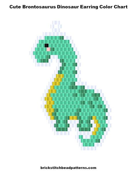 Free Cute Brontosaurus Dinosaur animal earring brick stitch seed bead weaving art graph pattern. Download the free bead pattern color chart graph, labeled color chart graph, a letter chart graph that is similar to a word chart, and a bead count list. These earrings were designed for using generic seed beads by Brick Stitch Bead Patterns Journal. Seed Bead Dinosaur, Brick Stitch Dinosaur, Beaded Dinosaur Pattern, Beading Business, Cute Brontosaurus, Brick Stitch Pattern Earring, Beaded Critters, Seed Bead Patterns Free, Dinosaur Jewelry