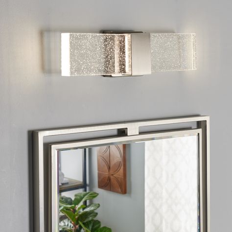 Bathroom Light Fixtures Over Mirror Brushed Nickel, Bathroom Vanity Lighting Over Mirror Brushed Nickel, Bathroom Lights Ideas, Brushed Nickel Bathroom Fixtures, Bathroom Mirror Trends, Bathroom Moody, Vanity Lighting Over Mirror, Adu Ideas, Bathroom Lighting Ideas