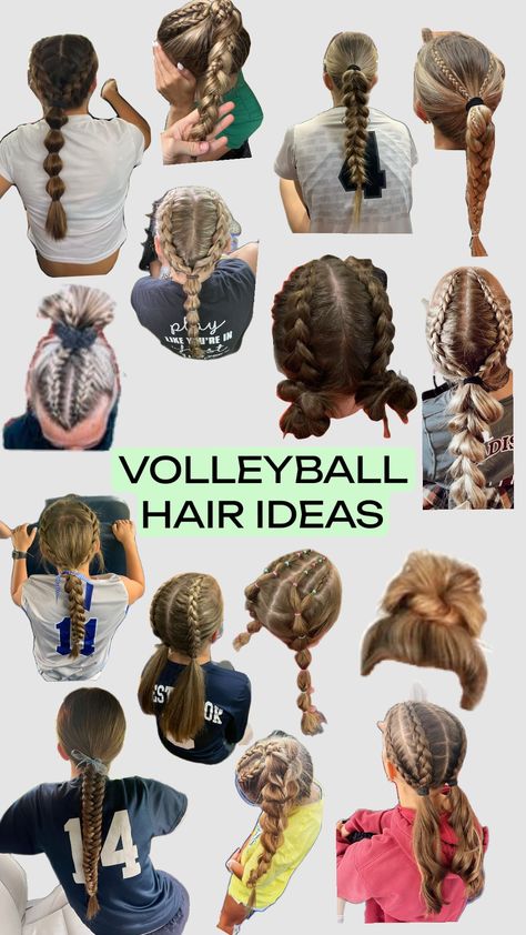 Volleyball hair ideas!! Comment what one is your favorite. #fyp #shufflefyp #volleyball #Hair #Volleyballhair Braids For Volleyball Games, Volleyball Hair Accessories, Hairstyles For Volleyball Tournaments, Cute Volleyball Hairstyles Curly Hair, Vball Hair Inspired, Hair Styles For Volleyball Games, Easy Volleyball Hairstyles Short Hair, Volleyball Hairstyles Medium Hair, Volleyball Hair Styles Cute