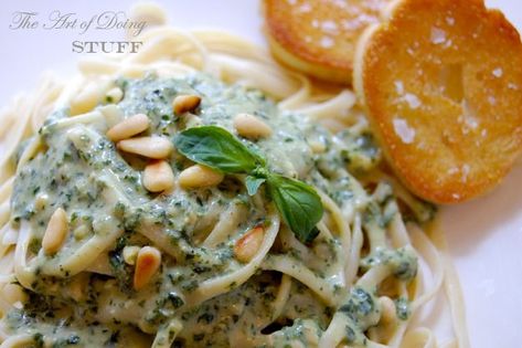 Cream Pesto : Art of Doing Stuff Gnocchi Recipes Homemade, Garlic Scape Pesto, Pesto Sauce For Pasta, Creamy Pesto Sauce, Pasta Noodle Recipe, Homemade Gnocchi, Creamy Pesto, Homemade Pesto, Gnocchi Recipes