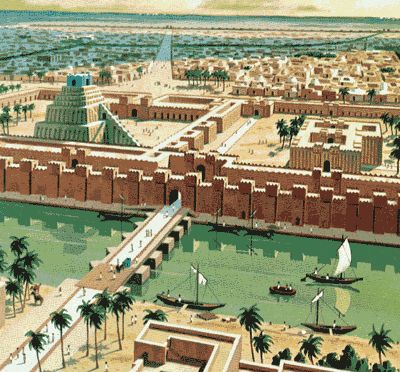 Babylon means "babilu" (gate of god). It is an ancient city in the plain of shinar on the Euphrates River, about 50 miles south of Modern Baghdad. Babylon was founded by Nimrod of Gen. 10, who developed the world's first organized system of idolatry, which God condemned (Gen. 11). It later became the capital of Babylonia and the Babylonian Empire. It was of overwhelming size and appearance. Babylon City, Ancient Babylonia, Ancient Babylon, Ancient Near East, Ancient Mesopotamia, Bible History, Fantasy City, Ancient City, Ancient Aliens