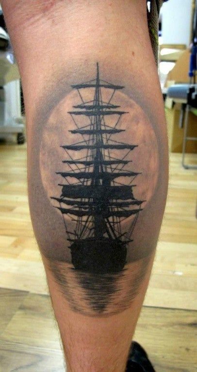 Boat Tattoo, Pirate Tattoo, Water Tattoo, Ocean Tattoos, Silhouette Tattoos, Nautical Tattoo, Ship Tattoo, Calf Tattoo, Wolf Tattoos