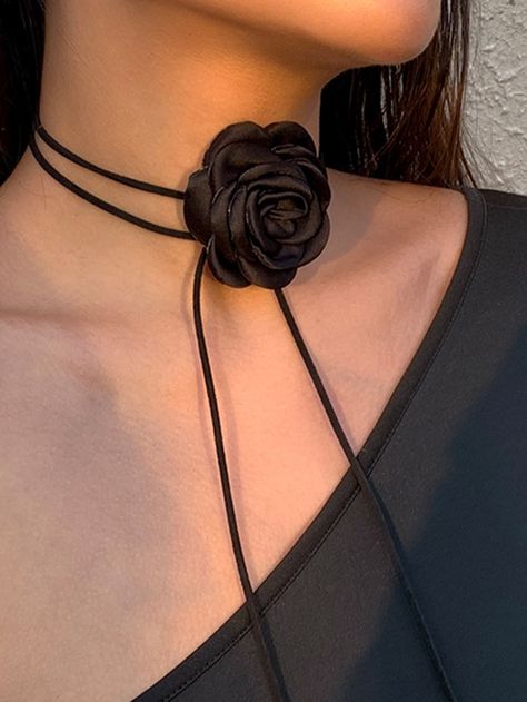 Black  Collar  Polyester   Embellished   Women Accessories Rose Choker, Women Choker Necklace, Y2k Accessories, Flower Choker, Womens Chokers, Women Ties, Velvet Choker, Red Necklace, Neck Jewellery