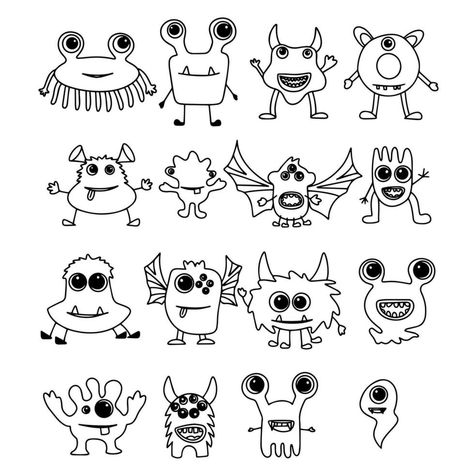 Big collection of doodle monsters. Hand drawn, funny, cute, scary monsters. Big set monsters. Vector illustration. Monster Doodles Easy, Cryptid Doodles, Cute Monster Doodles, Lunchbox Doodles, Weather Journal, Monster Doodles, Totem Ideas, Monsters Drawings, Cute Monsters Drawings